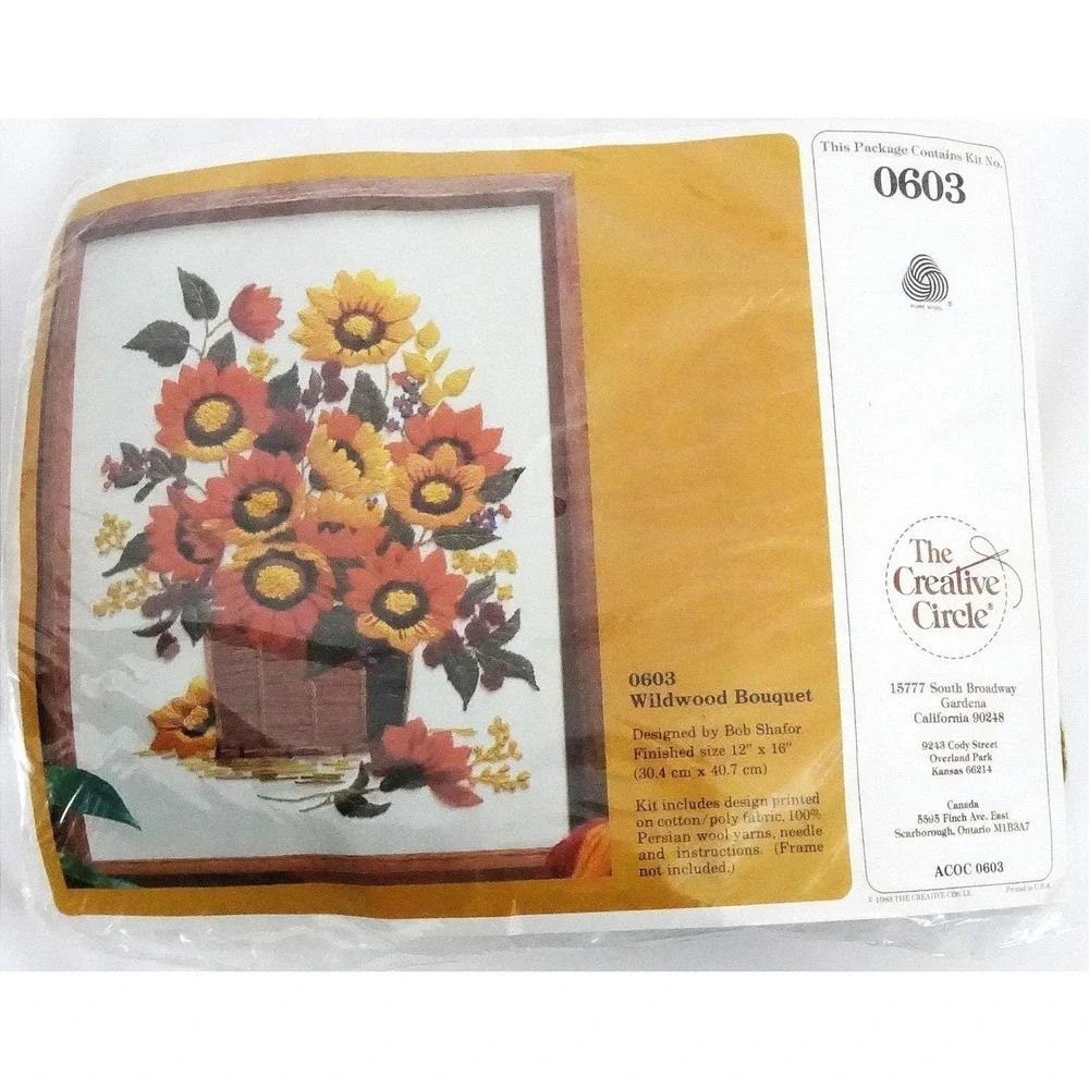 Vintage The Creative Circle Wildwood Bouquet Crewel Kit 12x16 Orange Sunflowers